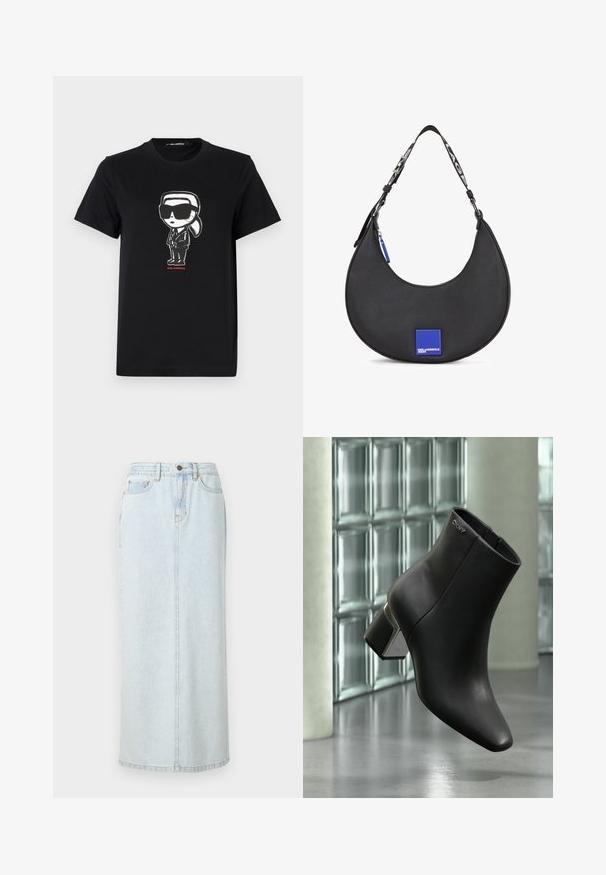 Schwarzes Baumwoll-T-Shirt mit einem Grafikmotiv einer Figur in Sonnenbrille und Anzug. Einfaches Rundhals-Design mit kurzen Ärmeln. Roter Text darunter.; Hellblauer Denim-Maxi-Rock mit geradem Design, vorderer Knopfverschluss und sichtbaren Nähten. Verfügt über zwei Fronttaschen.; Schwarzer Leder-Stiefelette mit Blockabsatz, DKNY-Logo nahe oben, dargestellt vor einer Glasblockwand und poliertem Betonboden.; Schwarze Leder-Schultertasche mit geschwungenem Silhouette, versehen mit einem blauen quadratischen Logoakzent und einem kontrastierenden Riemen mit Text.