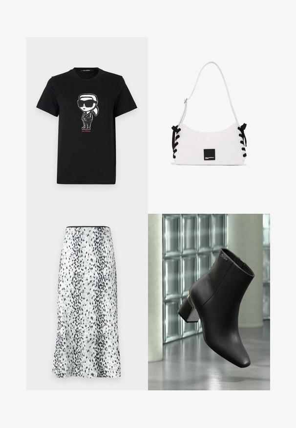 Schwarzes Baumwoll-T-Shirt mit einem Grafikmotiv einer Figur in Sonnenbrille und Anzug. Einfaches Rundhals-Design mit kurzen Ärmeln. Roter Text darunter.; Ein knielanger Rock aus einem weißen Stoff mit einem schwarz-grauen sprenkelten Muster, abgeschlossen mit einem schlichten Bund und einem kleinen Logo.; Schwarzer Leder-Stiefelette mit Blockabsatz, DKNY-Logo nahe oben, dargestellt vor einer Glasblockwand und poliertem Betonboden.; Weiße Schultertasche mit schwarzen Schnürdetails an den Seiten und einem kleinen schwarzen quadratischen Logopatch mit der Aufschrift "Karl Lagerfeld Jeans" auf der Vorderseite.