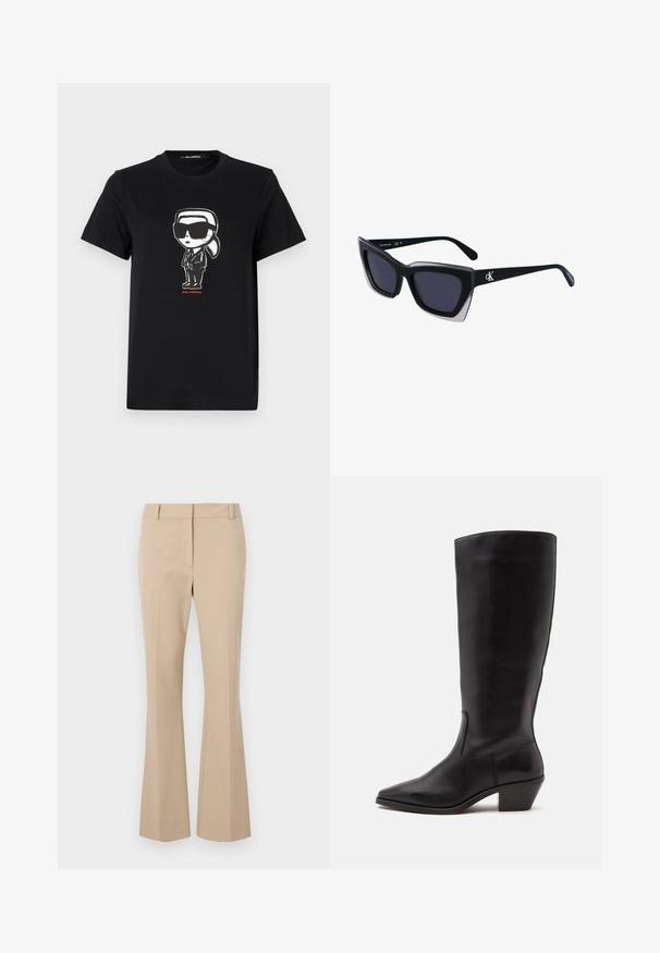Schwarzes Baumwoll-T-Shirt mit einem Grafikmotiv einer Figur in Sonnenbrille und Anzug. Einfaches Rundhals-Design mit kurzen Ärmeln. Roter Text darunter.; Beige Stoffhose mit geradem Schnitt, flachem Bund, Gürtelschlaufen und glatter Textur. Keine sichtbaren Taschen oder Muster.; Schwarzer Lederstiefel bis zur Wade mit spitzer Spitze und niedrigem schrägem Absatz vor einfachem hellem Hintergrund.; Schwarze übergroße Sonnenbrille mit geometrischer Form, ausgestattet mit dunklen Gläsern und einem kontrastierenden grauen Detail im Rahmen. Logo am Bügel.