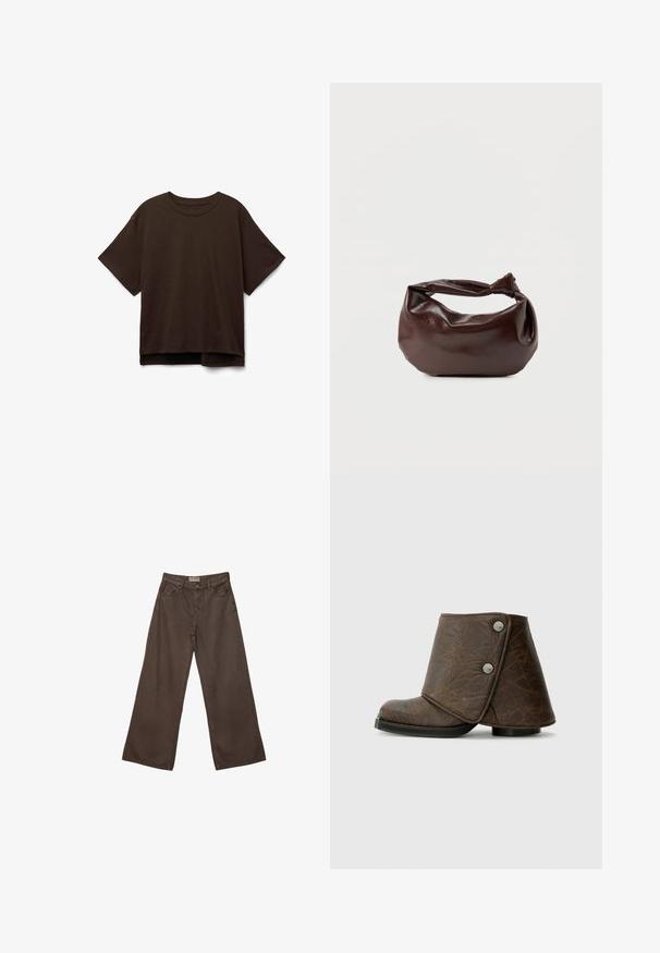 Brun kortærmet T-shirt i blødt bommateriale. Rund hals, afslappet pasform og en let længere bagste søm. Glat tekstur, ingen mønstre.; Bredde ben brune denim bukser med et klassisk fem-lomme design, der har en knaplukning og en glat overflade.; Brun læder ankelstøvle med en fold-over design, sølv hardware accenter, en rund tå, og en struktureret finish. Lav, flad sort sål.; Mørkebrun læder skuldertaske med en blød, afslappet form og et snoet knudehåndtag på en ensartet hvid baggrund.