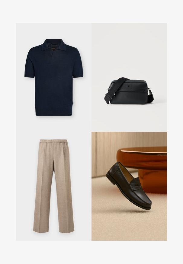 Polo bleu marine foncé à manches courtes avec un col côtelé, un ourlet côtelé et une petite étiquette sur la couture latérale.; Pantalon beige à jambe droite avec taille élastique et plis marqués sur le devant de chaque jambe.; Chaussure mocassin en cuir noir suspendue au-dessus d’un tapis beige avec du mobilier moderne couleur ambre en arrière-plan.; Sac bandoulière en cuir noir texturé avec poche avant zippée et bandoulière large en tissu réglable sur fond blanc.