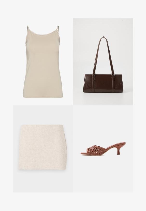 Beige tanktop lavet af glat stof, med tynde stropper og et enkelt, fitted design med en ren udskæring og uden mønstre.; Beige linnedyr med et minimalistisk design, der har en glat tekstur og en subtil vævning. Det har en lige, simpel skæring uden synlige lukninger.; Brun flettet mule med åben tå, mellemhøj kitten-hæl og slip-on design på hvid baggrund.; Brun lakeret håndtaske med rektangulær form, to lange håndtag og subtile buede detaljer på fronten.
