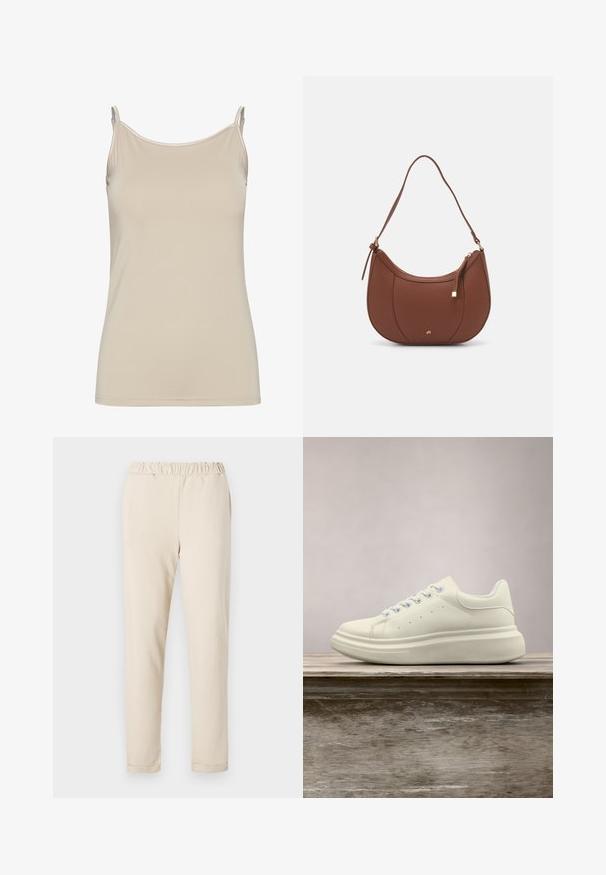 Beige tanktop lavet af glat stof, med tynde stropper og et enkelt, fitted design med en ren udskæring og uden mønstre.; Beige bomuldsbukser med en samlet talje, lige ben-design og ingen synlige mønstre, der har en glat tekstur og en simpel kant.; Hvid lædersneakers med rund tå, glat tekstur og kontrasterende snørebånd. Har ventilationshuller og en tyk gummisål for komfort.; Brun faux læder skuldertaske med buet form, minimal syning og en guldtonet hardwaredetalje. Har en top lynlåslukning og justerbar rem.