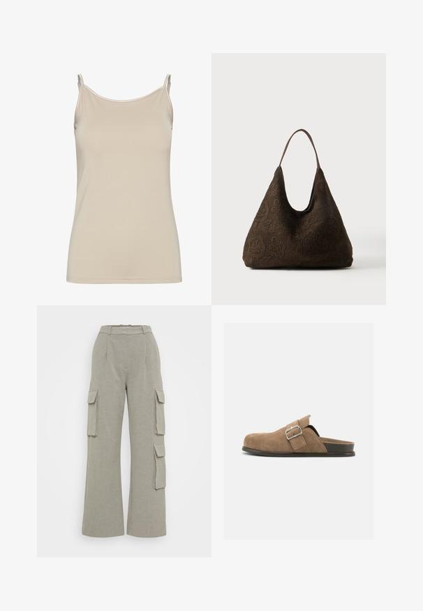 Beige tanktop lavet af glat stof, med tynde stropper og et enkelt, fitted design med en ren udskæring og uden mønstre.; Lys grå, brede cargo bukser lavet af tekstureret stof, med to sidelommer og to klap cargo lommer på lårene.; Brun ruskinds slip-on sko med sort sål og justerbar spænde-rem, set fra siden på en ens hvid baggrund.; Mørkebrun skuldertaske med mønstret blomsterhækling og en enkelt tynd strop på ensfarvet baggrund.