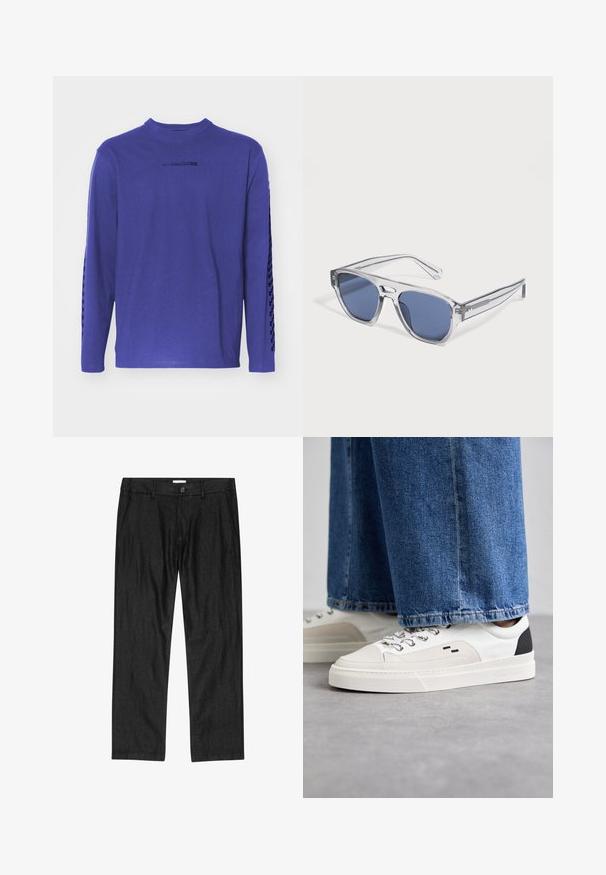 T-shirt à manches longues en coton violet, avec un col rond et un motif le long des manches, accompagné d'un logo sur la poitrine.; Pantalon droit pour homme noir avec bouton à l'avant, braguette à glissière et poches latérales, présenté à plat sur fond blanc.; Baskets blanches et noires avec une tige en cuir lisse, des accents texturés et une semelle épaisse blanche. Présentent un design classique à lacets.; Lunettes de soleil à monture transparente avec des verres rectangulaires teintés bleus reposant sur une surface blanche.