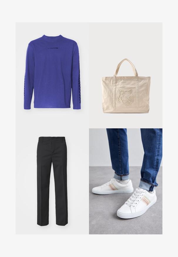 Langærmet lilla t-shirt lavet af bomuld, med rund hals og et mønstrede accent langs ærmerne samt et logo på brystet.; Filippa K TROY TROUSERS - Bukser - black; Hvide lædersneakers med multicolore striber, snørebåndsdesign, gummisål og polstret krave, parret med blå denimjeans.; Beige lærredsnettaske med dobbelte håndtag og et præget ulvehoveddesign på forlommen.
