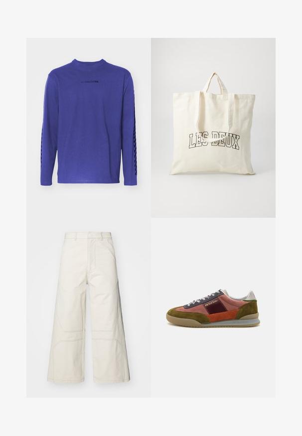 Camiseta de manga larga de color púrpura hecha de algodón, con cuello redondo y un acento estampado a lo largo de las mangas, además de un logo en el pecho.; A-COLD-WALL* FORMAT PANT - Pantalones - beige bone; PS Paul Smith DOVER - Zapatillas - pink; Bolsa de lona en color blanco roto, con asas cortas y el texto impreso "LES DEUX" en letras negras en negrita. Diseño duradero y sencillo.