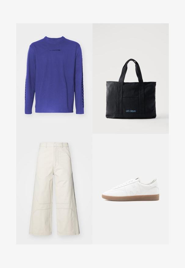 Langærmet lilla t-shirt lavet af bomuld, med rund hals og et mønstrede accent langs ærmerne samt et logo på brystet.; A-COLD-WALL* FORMAT PANT - Bukser - beige bone; Hvid lav sneaker med gummisål i naturfarve, syninger og snørebånd på neutral baggrund.; Sort lærredstaske med to håndtag, forlomma og "LES DEUX" broderet i blåt på forlommen.
