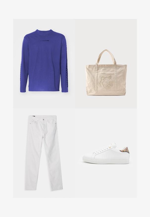 Langærmet lilla t-shirt lavet af bomuld, med rund hals og et mønstrede accent langs ærmerne samt et logo på brystet.; Hvide denim jeans med lige ben, fem-lomme design og knaplukning i taljen. Har diskret syninger og metalhardware detaljer.; Hvide lædersneakers med en glat overflade, prydet med en farverig stribet detalje på hælen, guldøje og flad hvid sål.; Beige lærredsnettaske med dobbelte håndtag og et præget ulvehoveddesign på forlommen.