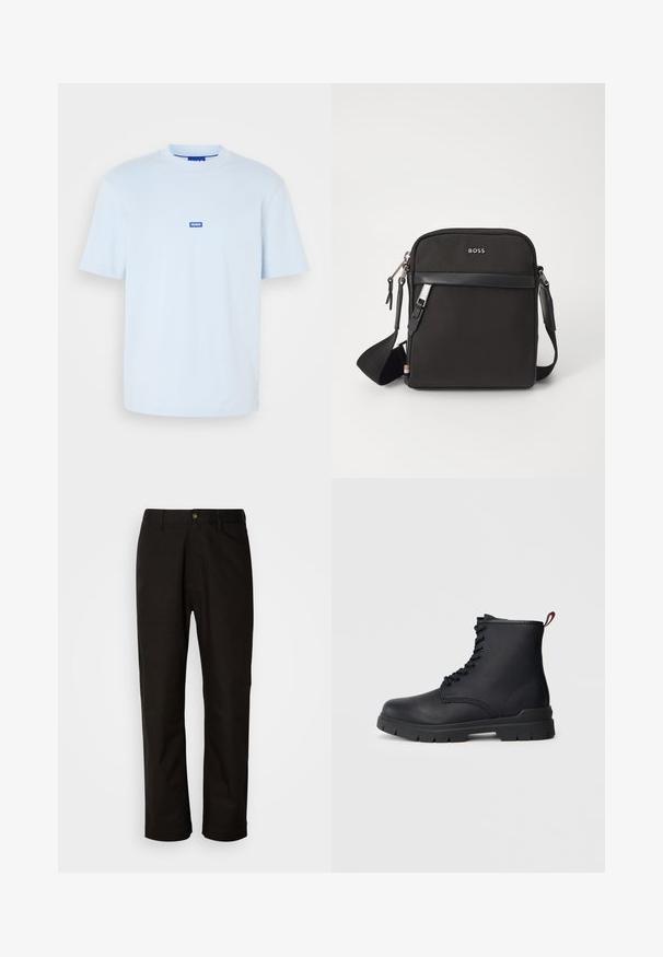 Hellblaues Baumwoll-T-Shirt mit Rundhalsausschnitt und kurzen Ärmeln; verfügt über ein kleines blaues Logolabel in der Mitte vorne.; Schwarze Baumwollhosen mit geradem Schnitt, Gürtelschlaufen, einem Reißverschluss vorne und einem einzelnen Knopfverschluss. Glatte Textur ohne sichtbare Muster.; Schwarze Leder-Stiefelette mit Schnüroptik, dickem Gummisohle und roter Schlaufe am Absatz, vor einem schlichten, hellen Hintergrund gezeigt.; Schwarze Umhängetasche aus strukturiertem Stoff, mit Logo auf der Vorderseite, Reißverschluss und verstellbarem Tragegurt. Verfügt über eine glatte Lederbesatz.