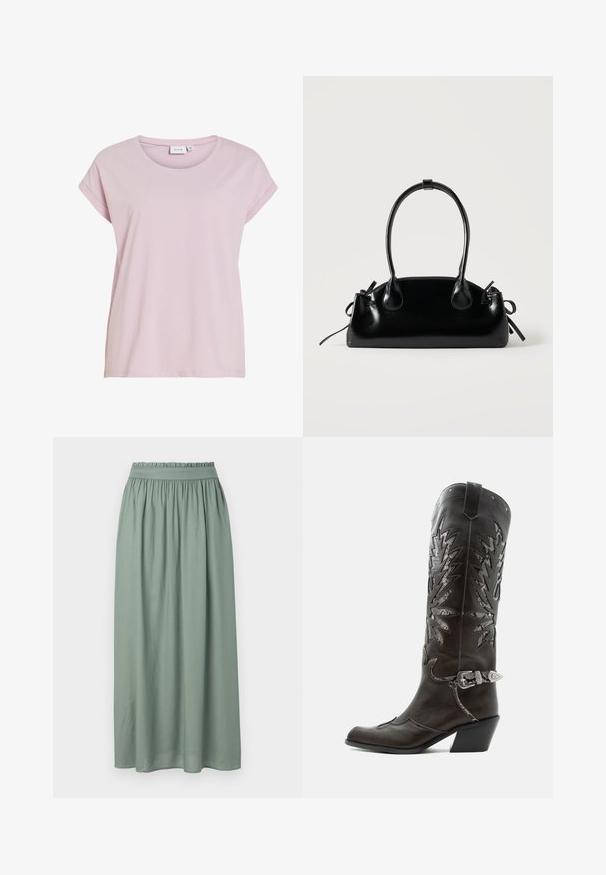 Rosa T-Shirt aus weichem Stoff, mit rundem Halsausschnitt und umgeschlagenen kurzen Ärmeln. Gerader Schnitt mit leicht lockerer Passform.; Maxirock aus weichem grünem Stoff, mit einem elastischen Bund und fließendem Design. Glatte Textur ohne auffällige Muster oder Details.; Schwarzer Leder-Cowboystiefel mit dekorativen Ausschnitten, silberner Schnalle und schräger Ferse, auf weißem Hintergrund dargestellt.; Kleine schwarze glänzende Handtasche mit zwei langen Griffen und seitlichen Kordelzug-Details vor einfachem hellem Hintergrund.