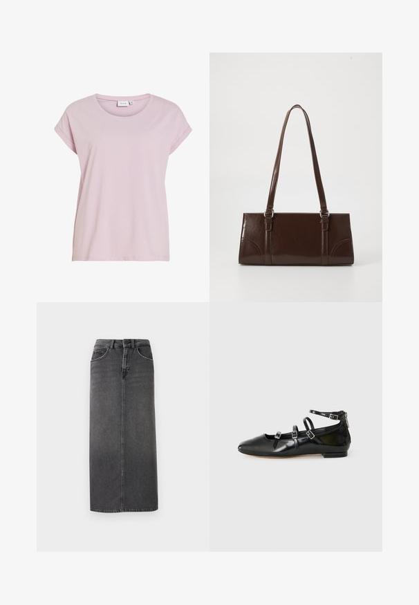 Rosa T-Shirt aus weichem Stoff, mit rundem Halsausschnitt und umgeschlagenen kurzen Ärmeln. Gerader Schnitt mit leicht lockerer Passform.; Grauer Denim-Midirock mit geradem Schnitt, Fünf-Taschen-Design und Gürtelschlaufen. Mit einer vorderen Knopfleiste und minimalistischem Stich.; ALDO NELTA - Klassischer Ballerina - black; Braune Lackleder-Handtasche in rechteckiger Form, mit zwei langen Griffen und subtilen, geschwungenen Akzenten auf der Vorderseite.