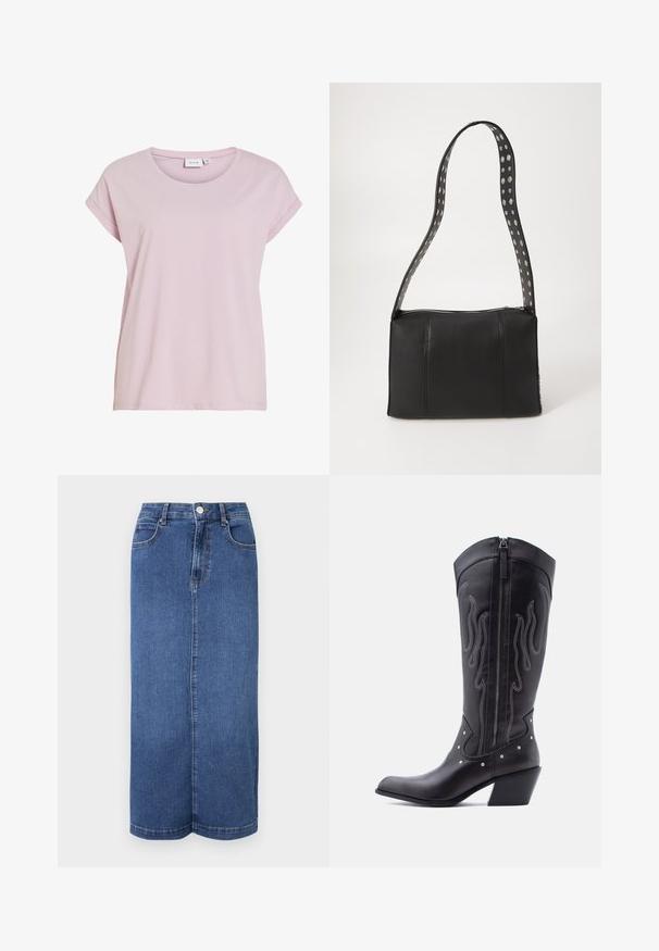 Rosa T-Shirt aus weichem Stoff, mit rundem Halsausschnitt und umgeschlagenen kurzen Ärmeln. Gerader Schnitt mit leicht lockerer Passform.; Maxi-Rock aus Denim in Dunkelblau, mit geradem Schnitt, Bund mit Knopfverschluss und minimalistischen Nähten.; Schwarze Cowboy-Stiefel aus Leder mit spitzer Zehenpartie, sichtbarer Nahtführung, silbernen Nietenakzenten und Reißverschluss auf der Innenseite.; Schwarze Lederhandtasche in rechteckiger Form, mit einem durchgängigen Reißverschluss und einem gepunkteten Tragegurt. Glatte Textur, minimale Nähdetails.