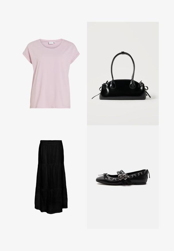 Rosa T-Shirt aus weichem Stoff, mit rundem Halsausschnitt und umgeschlagenen kurzen Ärmeln. Gerader Schnitt mit leicht lockerer Passform.; Schwarzer, gestufter Maxi-Rock mit elastischem Bund, aus einem leichten Stoff gefertigt, mit einer strukturierten Oberfläche und fließender Silhouette.; Schwarzer flacher Ballettschuh mit doppelten Schnallenriemen, silbernen Ösen und einer kleinen Schleife nahe der abgerundeten Spitze auf weißem Hintergrund.; Kleine schwarze glänzende Handtasche mit zwei langen Griffen und seitlichen Kordelzug-Details vor einfachem hellem Hintergrund.