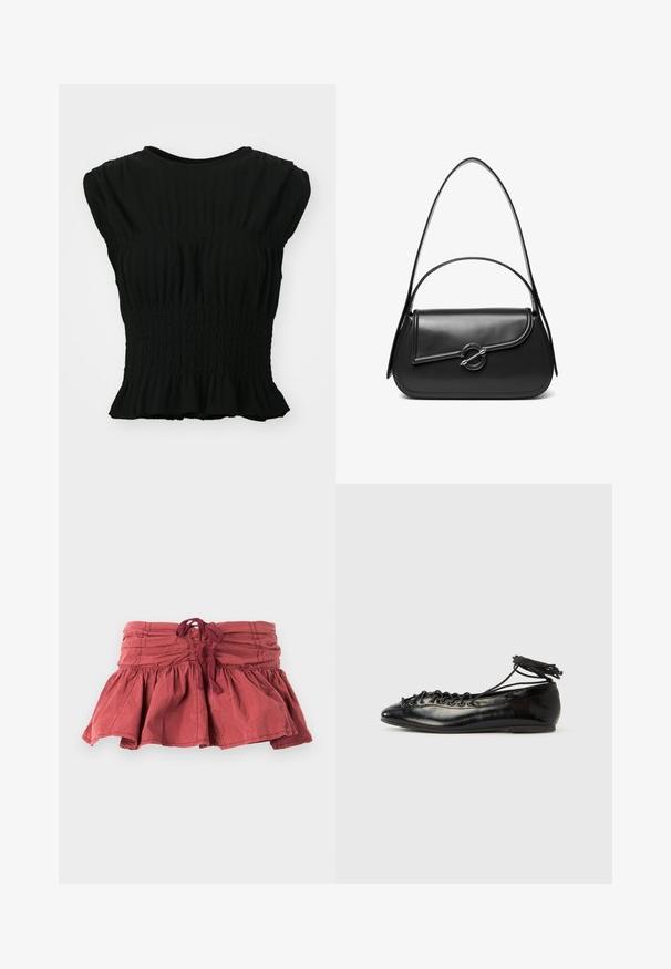 Top negro de manga corta hecho de tejido texturizado, con fruncido gathered en la cintura y un dobladillo con volante. Cuello redondeado.; Mini falda roja con dobladillo recogido y Cintura con lazo, que presenta un diseño acampanado y tejido texturizado. Acabado suave con ligeros detalles arrugados.; Zapatos planos tipo ballet de charol negro con punta redondeada, diseño con cordones y suela plana. Textura lisa con detalles mínimos.; Bolso de hombro de cuero negro con una solapa curva asegurada por un broche metálico redondo y una correa delgada y ajustable.