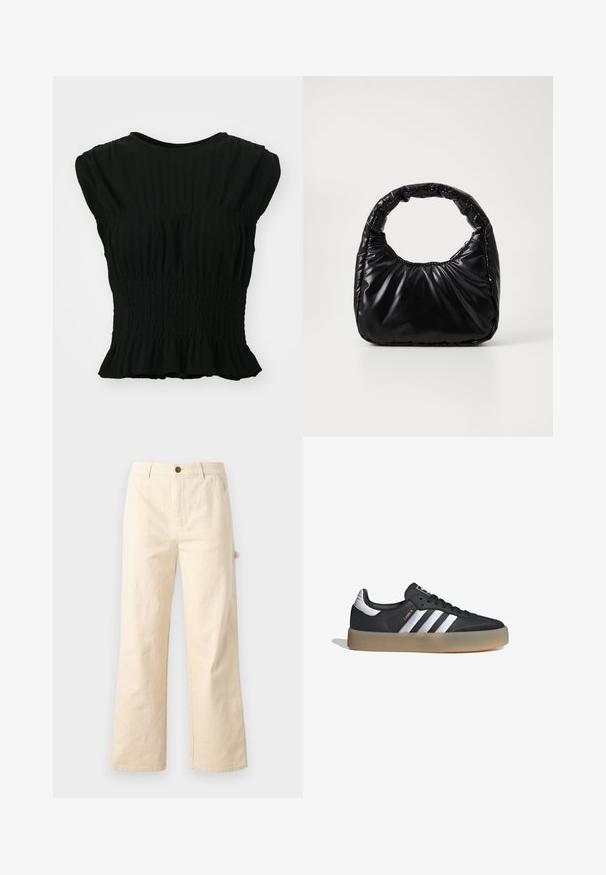 Top negro de manga corta hecho de tejido texturizado, con fruncido gathered en la cintura y un dobladillo con volante. Cuello redondeado.; Pantalones de pierna ancha en color beige, hechos de algodón, con cierre de botón, que cuentan con bolsillos laterales y un diseño limpio y minimalista.; Zapatilla deportiva de cuero negro con tres rayas plateadas, punta texturizada y suela de goma. Cuenta con un collar acolchado y un diseño con cordones.; Bolso negro acolchado con un asa redondeada, que presenta una superficie lisa y brillante y una textura suave y acolchada. Sin herrajes ni acentos visibles.