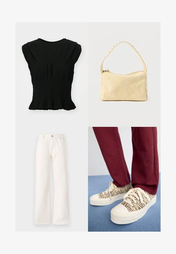 Top negro de manga corta hecho de tejido texturizado, con fruncido gathered en la cintura y un dobladillo con volante. Cuello redondeado.; Jeans blancos de pierna ancha fabricados en denim, con cierre frontal de botón, cinco bolsillos y una textura suave sin patrones visibles.; Zapatillas de lona con patrón de cebra en beige y negro, puntera de goma blanca y cordones, combinadas con pantalones burdeos sobre una superficie azul.; Pequeño bolso de cuero beige con una sola correa y tachuelas plateadas a lo largo de los bordes y la correa, sobre un fondo liso.