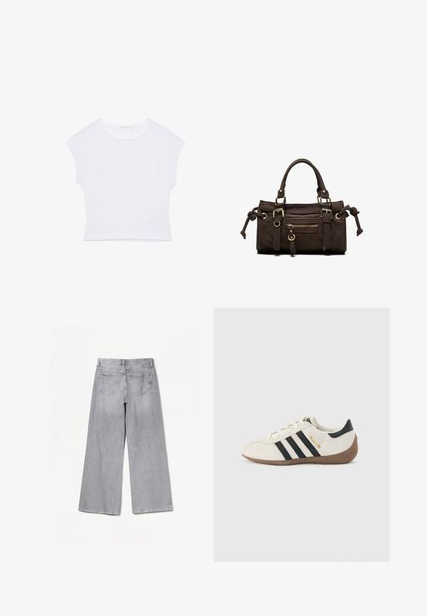 T-shirt court blanc à manches courtes avec col rond, en tissu lisse, posé à plat sur un fond blanc.; Jean large gris à taille haute, avec une texture lisse, deux poches arrière et des détails de couture subtils.; Baskets blanches Adidas avec des rayures noires, une semelle texturée marron, et le lettrage doré "SPEZIAL" sur le côté, vues du côté extérieur.; Sac à main en cuir marron foncé avec double poignée, poche avant zippée, boucles décoratives et nœuds latéraux sur fond blanc.