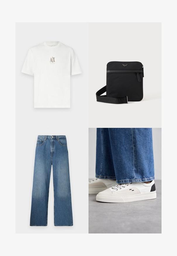 Hvid bomulds T-shirt med rund hals. Har et lille beige logo "A|X" og "ARMANI EXCHANGE" trykt nedenunder. Kortærmet, almindelig pasform.; Bredde ben blå denim jeans med et klassisk fem-lomme design, frontlukning med knap og let falming for tekstur.; Hvide og sorte sneakers med en glat læderoverdel, teksturerede detaljer og en kraftig hvid sål. Har et klassisk snørebåndsdesign.; Sort firkantet skuldertaske med lynlås, frontlomme og justerbar rem med præget brandnavn.