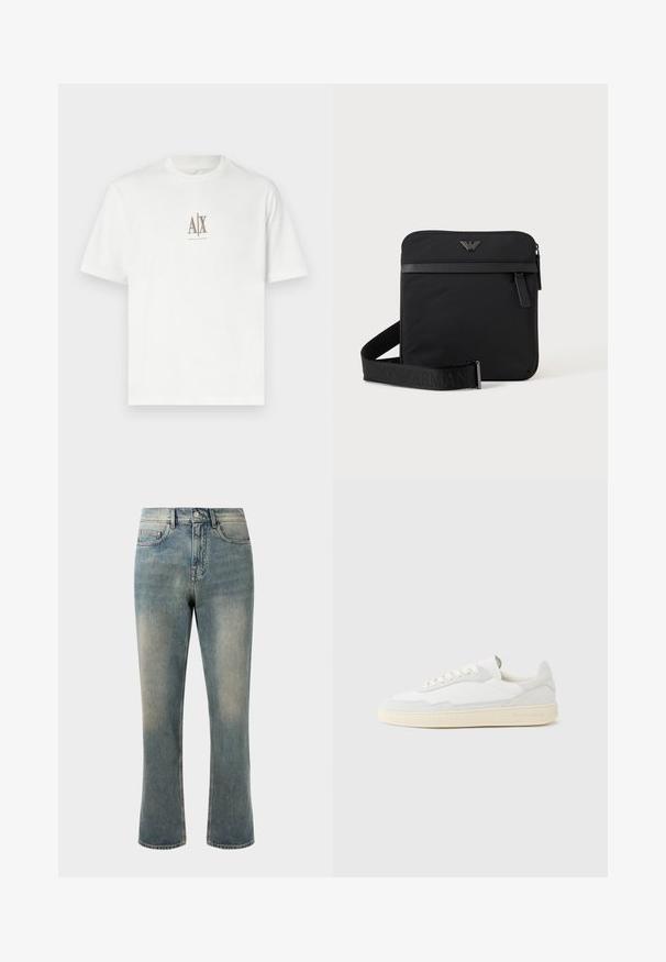 Weißes Baumwoll-T-Shirt mit Rundhalsausschnitt. Mit einem kleinen beigen Logo "A|X" und "ARMANI EXCHANGE" darunter. Kurze Ärmel, normale Passform.; Hellblaue Denim-Jeans mit geradem Bein, mittelhoher Taille und subtilen Ausbleichungen. Verfügt über klassische Taschenstil und Kontrastnähte.; Weißer Sneaker mit strukturiertem Obermaterial aus Wildleder und Leder. Verfügt über eine runde Zehenpartie, Schnürverschluss und eine kontrastierende beige Gummisohle.; Schwarze quadratische Schultertasche mit Reißverschluss, Vordertasche und verstellbarem Riemen mit eingeprägtem Markennamen.