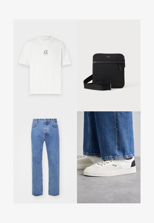 Hvid bomulds T-shirt med rund hals. Har et lille beige logo "A|X" og "ARMANI EXCHANGE" trykt nedenunder. Kortærmet, almindelig pasform.; Won Hundred STEVE - Jeans Relaxed Fit - cut blue; Hvide og sorte sneakers med en glat læderoverdel, teksturerede detaljer og en kraftig hvid sål. Har et klassisk snørebåndsdesign.; Sort firkantet skuldertaske med lynlås, frontlomme og justerbar rem med præget brandnavn.