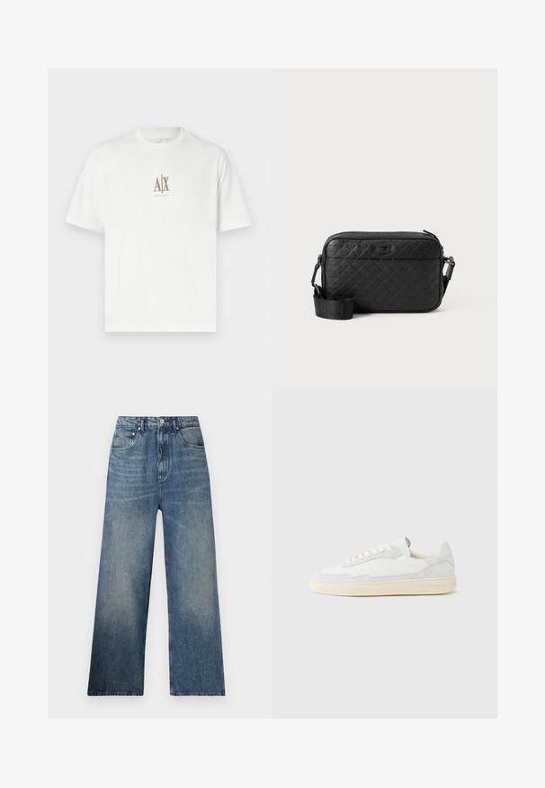 T-shirt en coton blanc avec un col rond. Présente un petit logo beige "A|X" et "ARMANI EXCHANGE" imprimé en dessous. Manches courtes, coupe régulière.; Jean large en denim bleu à taille haute, avec une légère décoloration, cinq poches et une fermeture à bouton en métal à l'avant.; Baskets blanches avec dessus en daim et cuir texturé. Caractérisées par un bout arrondi, une fermeture à lacets et une semelle en caoutchouc beige contrastante.; Sac bandoulière noir texturé avec motif géométrique en relief et bandoulière réglable avec logo de la marque.