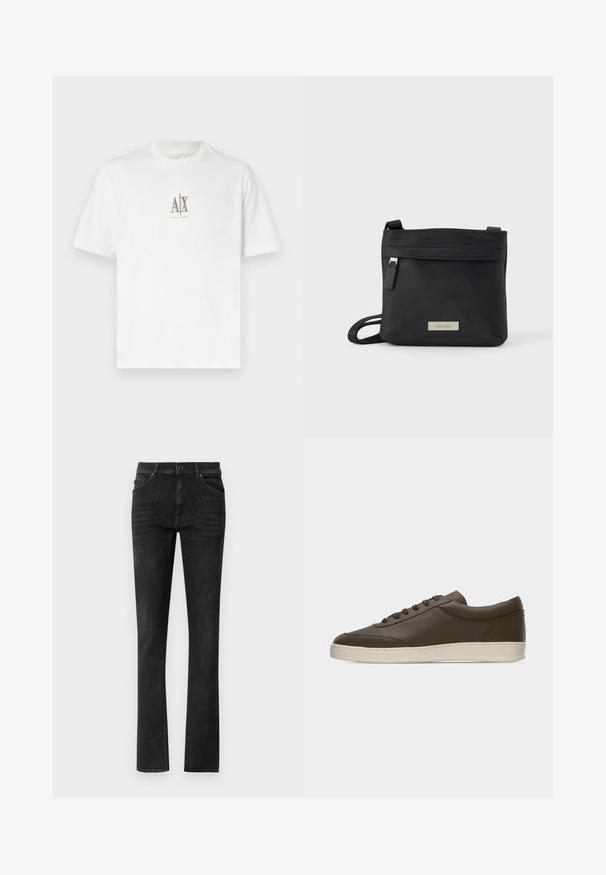 Camiseta blanca de algodón con escote redondo. Presenta un pequeño logo beige "A|X" y "ARMANI EXCHANGE" impreso debajo. Manga corta, corte regular.; Jeans de mezclilla negra con corte recto, con bolsillos delanteros y cierre de botón. Textura suave con un ligero desgaste.; Zapatilla deportiva de cuero marrón oscuro, de corte bajo, con cierre de cordones y suela de goma color crema, vista desde el lado exterior sobre fondo blanco.; Bolso bandolera negro compacto con bolsillo con cremallera y correa ajustable, con una pequeña placa metálica con el logo de Calvin Klein en el frente.