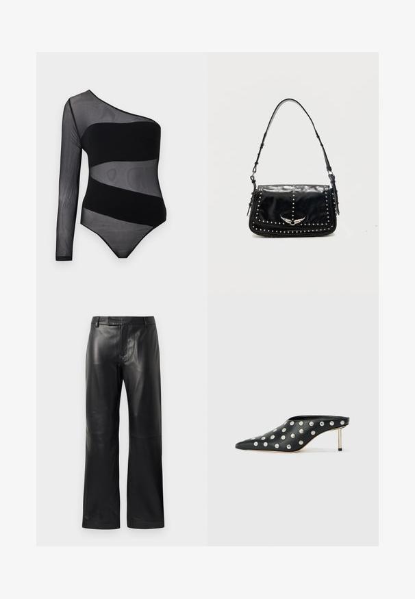 Sort ensidig gennemsigtig mesh bodysuit med en enkelt langærmet og solide diagonale bånd over brystet og taljen.; Sorte lige ben faux læderbukser med bæltestropper og en skjult frontlukning, præsenteret på en hvid baggrund.; STAND STUDIO KELSEY - Mules med hæl - black; Sort læder skuldertaske med sølvlignende nitter og vingeformet metalemblem på frontklappen mod en ensfarvet baggrund.
