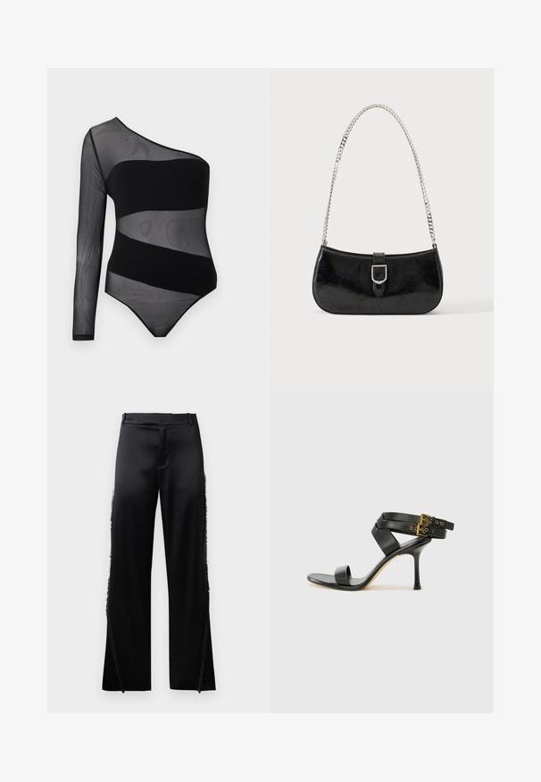 Sort ensidig gennemsigtig mesh bodysuit med en enkelt langærmet og solide diagonale bånd over brystet og taljen.; Sorte satinbukser med brede ben, der har frynse detaljer langs sidesømmen og en flad front talje. Ensfarvet bag uden lommer.; Sort hæl-sandal med krydsede stropper og justerbar spænde. Har en glat overflade og spids stilettohæl.; Sort skuldertaske i laklæder med sølv spænde og sølv kæderem, vist mod en ensartet lys baggrund.
