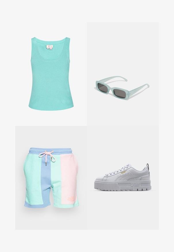Lichtblauw geribbeld tanktop met een ronde halslijn en brede schouderbanden. De stof lijkt glad met een lichte stretch. Etiket zichtbaar aan de binnenkant.; Kleurige sportshorts met textuur in mintgroen, pastelroze en blauwe panelen. Elastische tailleband met trekkoord, logodetail.; Witte platform sneakers met een leren bovenwerk, gevoerde kraag, grijze rubberen zool en gouden accenten met het Puma-logo.; Een paar rechthoekige zonnebrillen met lichtblauwe doorzichtige monturen en donkergrijze glazen, met rechte pootjes en minimale hardwaredetails.