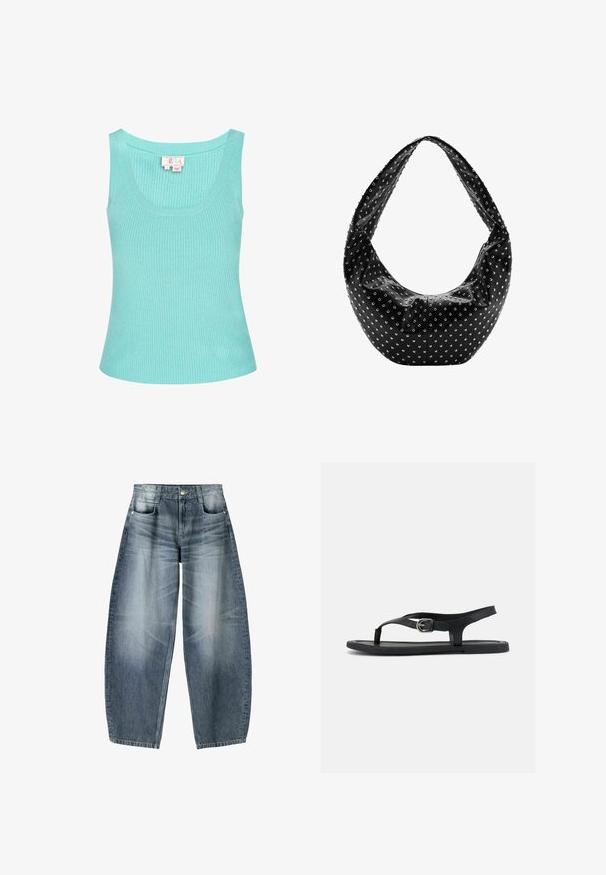 Lichtblauw geribbeld tanktop met een ronde halslijn en brede schouderbanden. De stof lijkt glad met een lichte stretch. Etiket zichtbaar aan de binnenkant.; Wijd gesneden jeans van lichtblauwe denim met vervaging, met een vijf-pocket ontwerp, knoopsluiting en minimale stikdetails.; Zwarte platte sandaal met enkelriempje, teenstuk en zilveren gesp op een gladde zool, zijaanzicht op witte achtergrond.; Zwarte leren handtas met een nonchalante vorm, versierd met zilveren studs en een brede schouderband. Gladde textuur met een geplooid ontwerp.