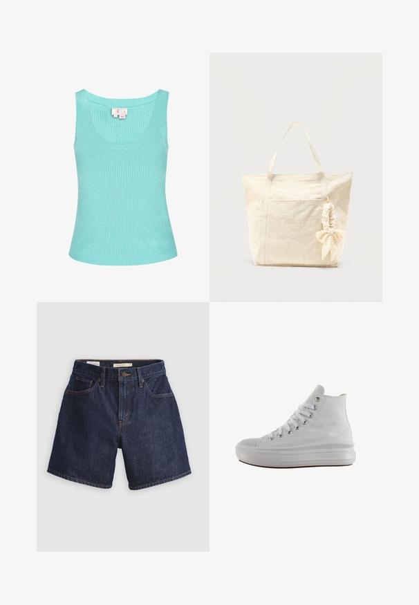 Lichtblauw geribbeld tanktop met een ronde halslijn en brede schouderbanden. De stof lijkt glad met een lichte stretch. Etiket zichtbaar aan de binnenkant.; Donkere blauwe denim short met klassieke snit, voorzien van voorzakken, een knoopsluiting en contrasterende oranje stiksels.; Witte hoge canvas sneaker met witte veters, metalen oogjes, dikke rubberen zool en gestructureerde neuskap, naar links gericht op een witte achtergrond.; Beige canvas boodschappentas met twee handvatten en een scrunchie met strik bevestigd aan één handvat, tegen een effen achtergrond.