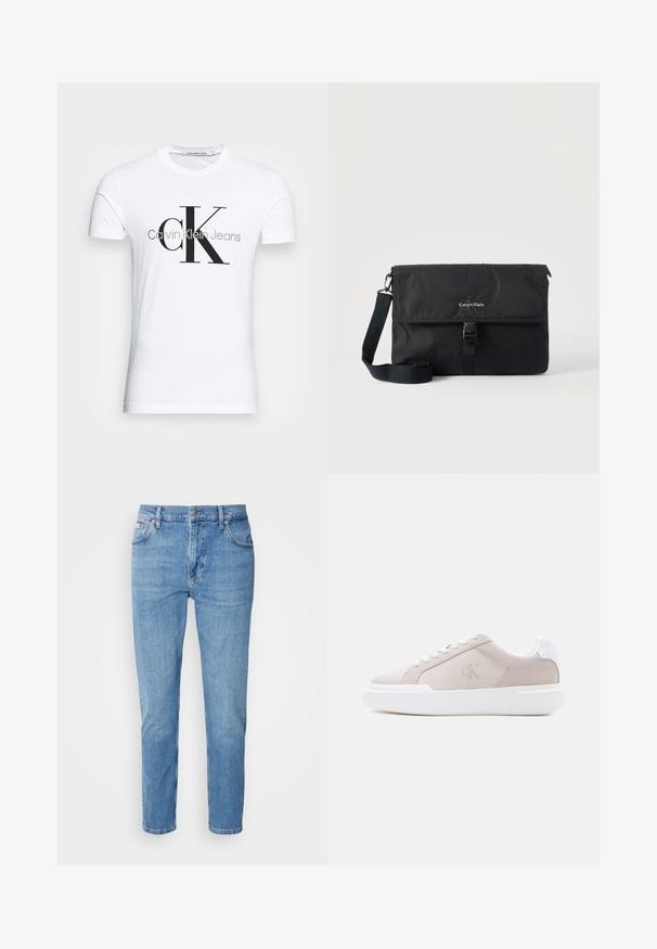 Biele tričko s krátkym rukávom s veľkým čiernym "cK" a sivým "Calvin Klein Jeans" textovým logom na prednej strane.; Svetlomodré džínsy s rovný strih, dizajn s piatimi vreckami a jemným vyblednutím. Obsahujú zapínanie na gombík a pútka na opasok.; Béžová nízka teniska s hrubou bielou podrážkou, šnúrkami a pätovou slučkou, s jemným logom "cK" na bočnej strane.; Čierna messenger taška Calvin Klein s nastaviteľným ramenným remienkom a predným prekrytím zabezpečeným prackou, zobrazená na jednoduchom pozadí.