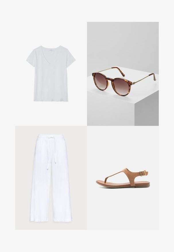 Witte V-hals t-shirt met korte mouwen, gemaakt van lichtgewicht stof, met een gladde textuur en een ontspannen pasvorm. Geen patronen of accenten.; Witte linnen wijde broek met een elastische tailleband en een trekkoord, een soepele textuur en een losse pasvorm voor comfort.; Lichtbruine platte sandaal met teenstuk, suède bandjes en verstelbare gouden gesp op het enkelriempje, zijaanzicht.; Schildpadbril met een gradient lens en dunne gouden metalen accenten. Beschikt over ronde monturen en slanke arms voor een moderne uitstraling.