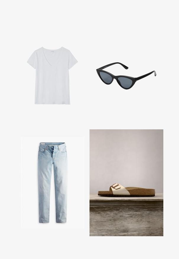 Camiseta blanca de cuello en V con mangas cortas, hecha de un tejido ligero, con una textura suave y un corte relajado. Sin patrones ni detalles.; Jeans de mezclilla azul claro con diseño de pierna recta, cinco bolsillos y cierres de botones metálicos en una pretina estándar.; Chancla con una parte superior metálica ligera, plantilla de corcho y suela de goma texturizada en marrón. Detalle de hebilla con acento de logo.; Gafas de sol negras en forma de ojo de gato con lentes gris oscuro, marco de plástico elegante, esquinas puntiagudas y patillas rectas. Sin herrajes ni acentos visibles.