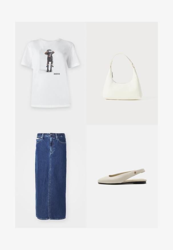 T-shirt en coton blanc avec un chien noir portant un chapeau et des bottes en caoutchouc, avec une photo imprimée et le logo 'BARBOUR' à l'avant.; Jupe en denim bleu foncé, à mi-longueur, avec une fente avant, une taille traditionnelle et un design à cinq poches avec des coutures contrastées.; Chaussure plate slingback en cuir couleur crème avec un bout arrondi et un petit emblème doré sur la bride.; Petit sac blanc à épaule avec une seule bandoulière ajustable et une fermeture éclair, sur un fond blanc uni.