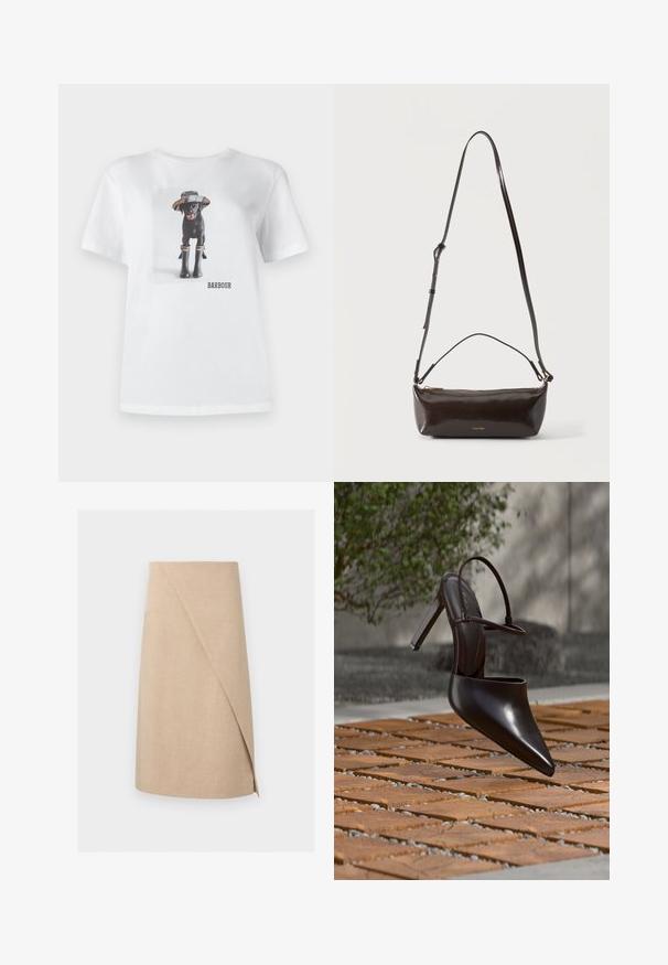 T-shirt en coton blanc avec un chien noir portant un chapeau et des bottes en caoutchouc, avec une photo imprimée et le logo 'BARBOUR' à l'avant.; Jupe portefeuille beige longueur genou avec un tissu subtilement texturé et un détail de superposition asymétrique à l'avant.; Mule noire brillante à talons hauts avec bout pointu et bride à la cheville, suspendue au-dessus d'une surface carrelée en terre cuite avec des interstices remplis de gravier.; Petit sac à bandoulière en cuir marron foncé brillant avec bandoulière réglable, poignée supérieure et fermeture éclair dorée.