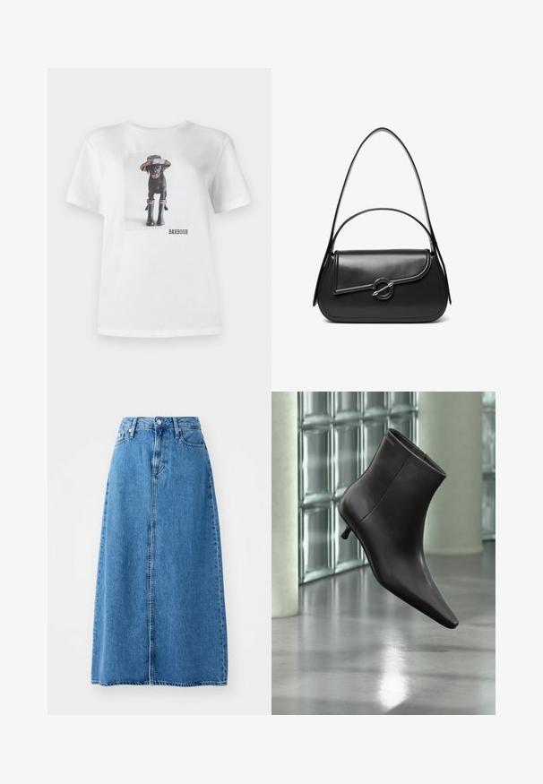 T-shirt en coton blanc avec un chien noir portant un chapeau et des bottes en caoutchouc, avec une photo imprimée et le logo 'BARBOUR' à l'avant.; Jupe maxi en denim bleu avec une fermeture à boutons à l'avant, deux poches et un design droit avec un ourlet brut. Classique et polyvalente.; Bottine en cuir noir avec bout pointu et petit talon, présentée devant un mur en blocs de verre et un sol poli.; Sac à bandoulière en cuir noir avec un rabat incurvé fermé par un fermoir métallique rond et une sangle fine et ajustable.