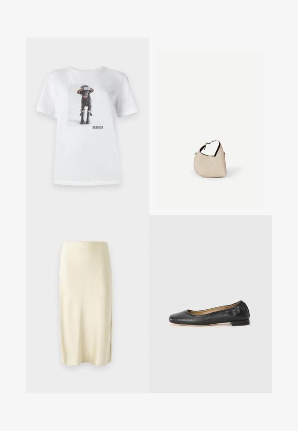 T-shirt en coton blanc avec un chien noir portant un chapeau et des bottes en caoutchouc, avec une photo imprimée et le logo 'BARBOUR' à l'avant.; Jupe midi en satin jaune pâle avec une texture lisse, présentant une fente latérale et un design à coupe droite. Silhouette simple et élégante.; Ballerines en cuir noir avec un bout arrondi et des coutures minimales. Talon bas et rectangulaire avec une texture lisse. Détails subtils de doublure intérieure.; Sac à main en cuir beige en forme de croissant avec une seule bandoulière et des coutures minimalistes, posé sur un fond blanc uni.