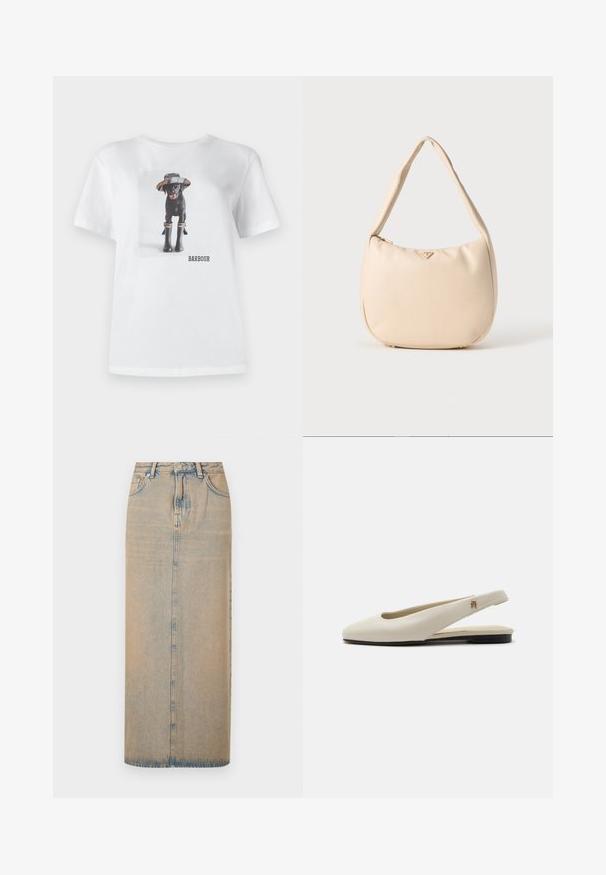 T-shirt en coton blanc avec un chien noir portant un chapeau et des bottes en caoutchouc, avec une photo imprimée et le logo 'BARBOUR' à l'avant.; Une longue jupe en denim bleu clair avec une coupe droite. Comprend cinq poches, des passants de ceinture et un multiplicateur de boutons à l'avant. Texture décolorée sur toute la surface.; Chaussure plate slingback en cuir couleur crème avec un bout arrondi et un petit emblème doré sur la bride.; Sac hobo beige fabriqué en matériau synthétique lisse, présentant une forme courbée, une seule poignée et un logo discret à l'avant. Fermeture zippée.