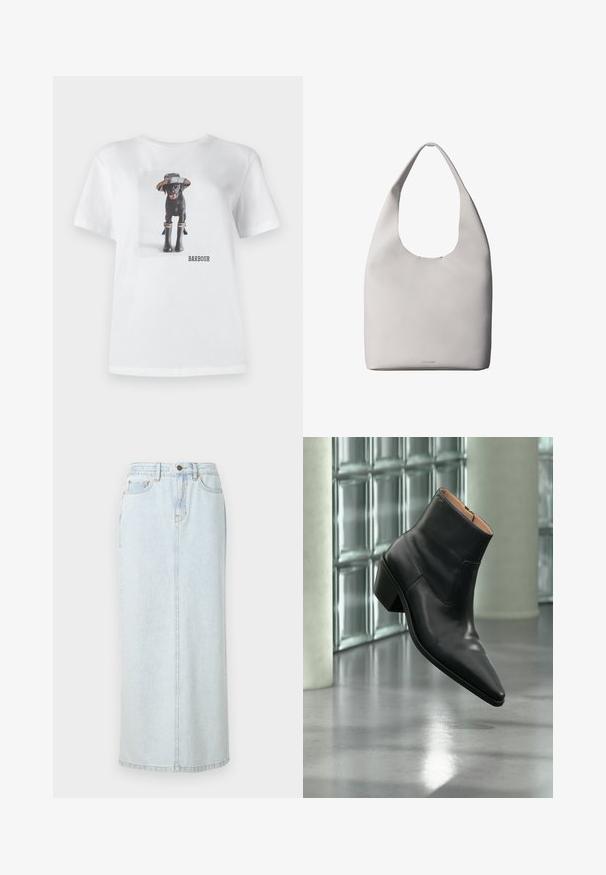 T-shirt en coton blanc avec un chien noir portant un chapeau et des bottes en caoutchouc, avec une photo imprimée et le logo 'BARBOUR' à l'avant.; Jupe maxi en denim bleu clair avec un design droit, fermeture à boutons sur le devant et couture visible. Elle comporte deux poches avant.; Bottine en cuir noir avec un bout pointu et un talon carré lévitant au-dessus d'un sol gris réfléchissant près d'un mur en blocs de verre.; Sac fourre-tout en cuir blanc avec une bandoulière unique, texture douce et logo discret Calvin Klein près du centre en bas.