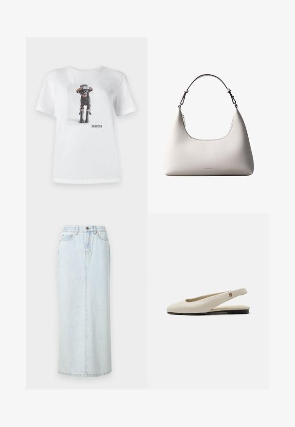 T-shirt en coton blanc avec un chien noir portant un chapeau et des bottes en caoutchouc, avec une photo imprimée et le logo 'BARBOUR' à l'avant.; Jupe maxi en denim bleu clair avec un design droit, fermeture à boutons sur le devant et couture visible. Elle comporte deux poches avant.; Chaussure plate slingback en cuir couleur crème avec un bout arrondi et un petit emblème doré sur la bride.; Sac à bandoulière en cuir couleur crème de Calvin Klein avec bord supérieur incurvé, fermeture éclair argentée et sangle ajustable brun foncé.