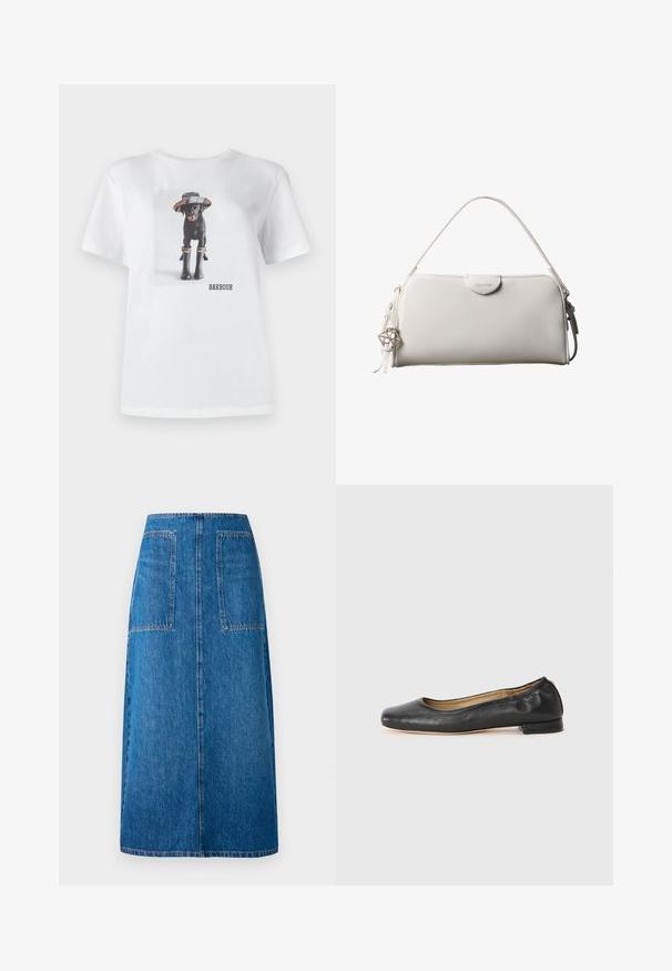 T-shirt en coton blanc avec un chien noir portant un chapeau et des bottes en caoutchouc, avec une photo imprimée et le logo 'BARBOUR' à l'avant.; Jupe en denim bleu foncé à coupe droite, dotée de deux poches arrière et de coutures visibles le long de l'ourlet et des bords des poches.; Ballerines en cuir noir avec un bout arrondi et des coutures minimales. Talon bas et rectangulaire avec une texture lisse. Détails subtils de doublure intérieure.; Sac à main rectangulaire blanc Calvin Klein avec une seule poignée, design minimaliste et pampilles décoratives avec un charm métallique géométrique sur le côté.