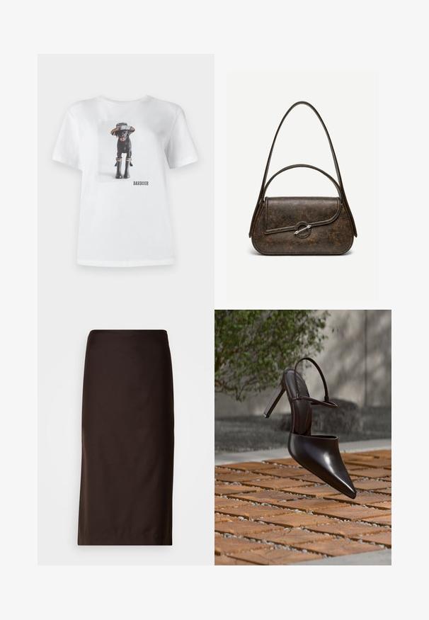 T-shirt en coton blanc avec un chien noir portant un chapeau et des bottes en caoutchouc, avec une photo imprimée et le logo 'BARBOUR' à l'avant.; Jupe crayon marron, de longueur genou, fabriquée en tissu lisse. Présente un design simple sans motifs ni embellissements visibles.; Mule noire brillante à talons hauts avec bout pointu et bride à la cheville, suspendue au-dessus d'une surface carrelée en terre cuite avec des interstices remplis de gravier.; Sac à main en cuir brun foncé texturé avec deux anses, forme rectangulaire arrondie, et fermeture à bouton circulaire argenté sur le rabat avant.