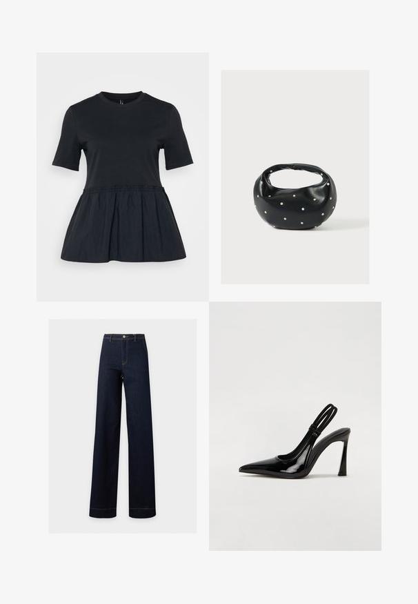 Sort T-shirt med korte ærmer, rund udskæring og en snøret, samlet talje, der fører til en udvidet peplum-søm. Blød stoftekstur.; Mørkeblå jeans med højtaljede og vide ben, med knap- og lynlåslukning, forlommer og synlige syningsdetaljer.; Sorte patenterede lædersædler med spidse tæer, slank høj hæl og dobbelt elastisk rem for sikker pasform. Glat, skinnende overflade.; Sort læderhåndtaske med en rundet form, dekoreret med sølvnitter, og et kort håndtag. Glat tekstur og lynlåslukning.