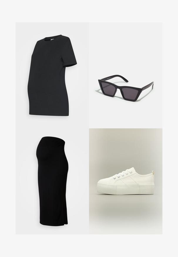 Camiseta de maternidad negra hecha de algodón suave. Mangas cortas, cuello redondo y un diseño ajustado para acomodar una barriga en crecimiento.; MAMALICIOUS MLLIF MIDI SKIRT - Falda de tubo - black; Zapatilla de plataforma blanca con suela gruesa y texturizada, cordones delanteros y detalles sutiles de costura sobre un fondo neutro.; Gafas de sol negras y angulares con lentes grises; fabricadas en plástico, con varillas gruesas de superficie suave y sin herrajes visibles.
