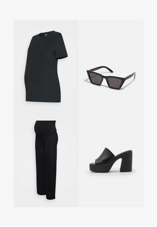Camiseta de maternidad negra hecha de algodón suave. Mangas cortas, cuello redondo y un diseño ajustado para acomodar una barriga en crecimiento.; Pantalones de maternidad negros con una cinturilla ancha y doblada, fabricados con un tejido suave, que presentan un diseño de pierna recta y suelta.; Mules negros de tacón alto con parte superior de cuero suave y suela de plataforma gruesa, que cuentan con un diseño de punta abierta y tacón en bloque inclinado.; Gafas de sol negras y angulares con lentes grises; fabricadas en plástico, con varillas gruesas de superficie suave y sin herrajes visibles.