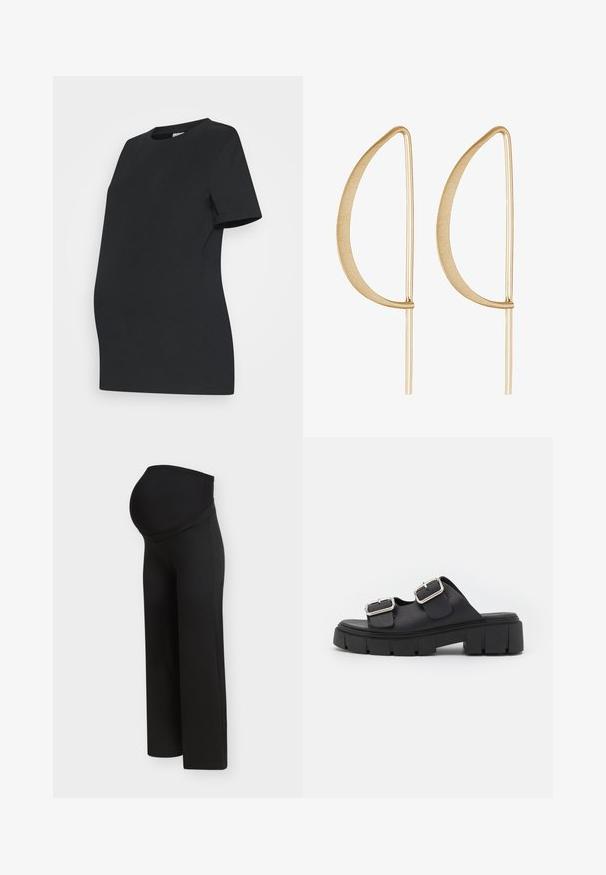 Camiseta de maternidad negra hecha de algodón suave. Mangas cortas, cuello redondo y un diseño ajustado para acomodar una barriga en crecimiento.; Pantalones de maternidad negros con una cintura alta y elástica diseñada para soportar el vientre de una mujer embarazada, mostrados sobre un fondo claro y liso.; mtng MARS - Mules de tacón - black; Pendientes de metal dorado con una forma de hoja curva y alargada. La superficie es suave y mate, con finos acentos horizontales.