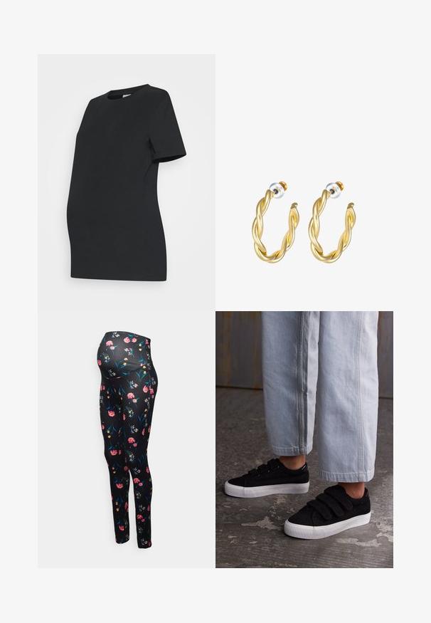 Camiseta de maternidad negra hecha de algodón suave. Mangas cortas, cuello redondo y un diseño ajustado para acomodar una barriga en crecimiento.; Pieces Maternity PMHIMA - Leggings - black; Zapatillas de corduroy negro con tres correas de Velcro y una parte superior texturizada. Suela de goma blanca de perfil bajo. Llevadas con pantalones recortados en azul claro.; Pendientes de aro retorcidos en oro con una superficie lisa, que cuentan con un respaldo transparente y herrajes en tono dorado.