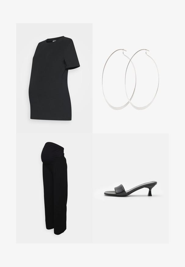 Camiseta de maternidad negra hecha de algodón suave. Mangas cortas, cuello redondo y un diseño ajustado para acomodar una barriga en crecimiento.; Pantalones de maternidad negros con una cinturilla elástica para soporte del vientre. Diseño de pierna ancha para mayor comodidad. Hechos de tela suave y transpirable.; Mules negros con tacón, de parte superior de cuero mate y suave, puntera abierta, banda ancha en el empeine y tacón cuadrado y delgado.; Pendientes de aro plateados con un diseño delgado y suave; forma ovalada alargada; acabado pulido; presentan un cierre de gancho seguro.